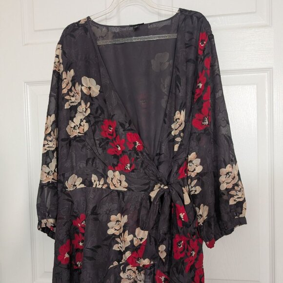 Torrid Hi Low Clip Floral Wrap Blouse Womens Size 2X Dark Slate Gray 3/4 Sleeves - Picture 2 of 13